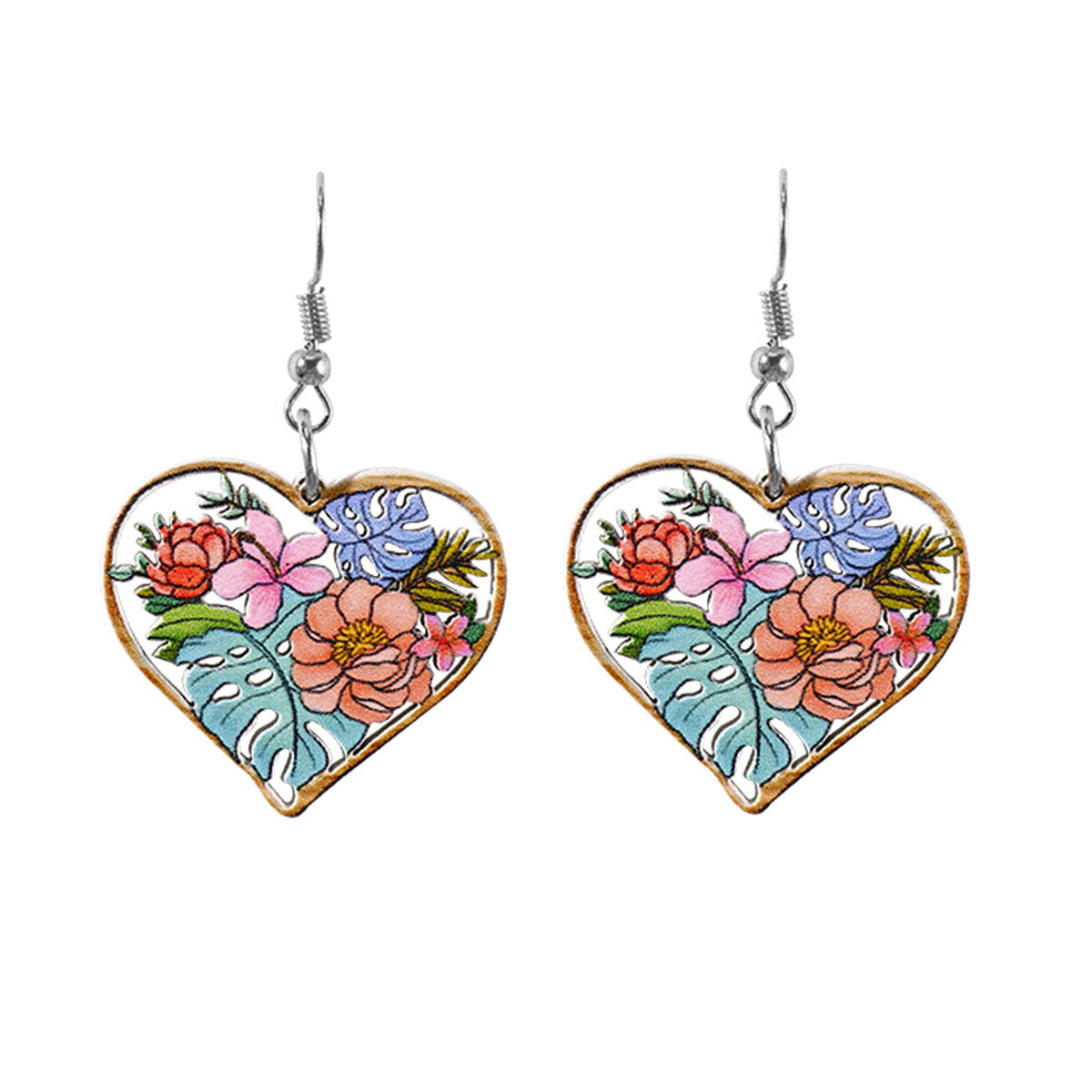 Wholesale Hollow Vintage Wood Flower Heart Shaped Earrings